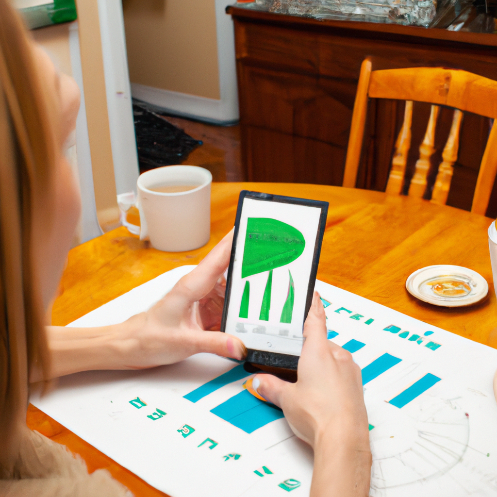 A 1024 x 768 photograph of a woman sitting at her dining room table using a smart phone with charts on its screen.
